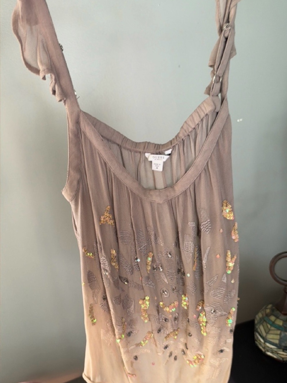 GUESS Taupe Sequin-Embellished Ruffled Strap Camisole